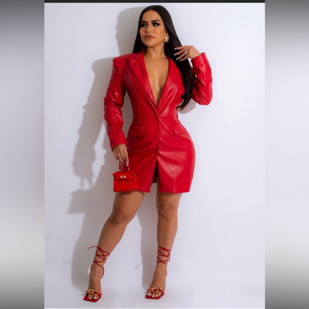 Red Faux Leather Blazer Dress